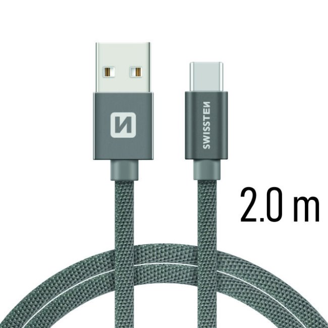 Datový kabel Swissten textilní s USB-C konektorem a podporou rychlonabíjení, Grey