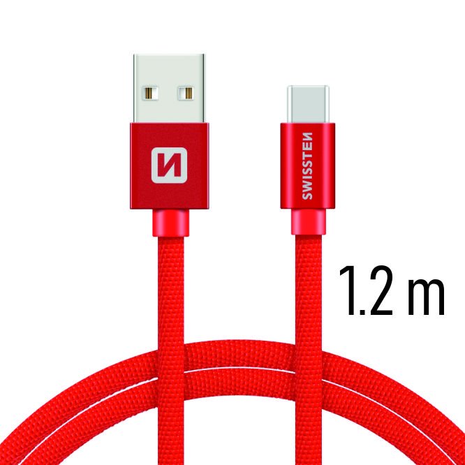 Datový kabel Swissten textilní s USB-C konektorem a podporou rychlonabíjení, Red