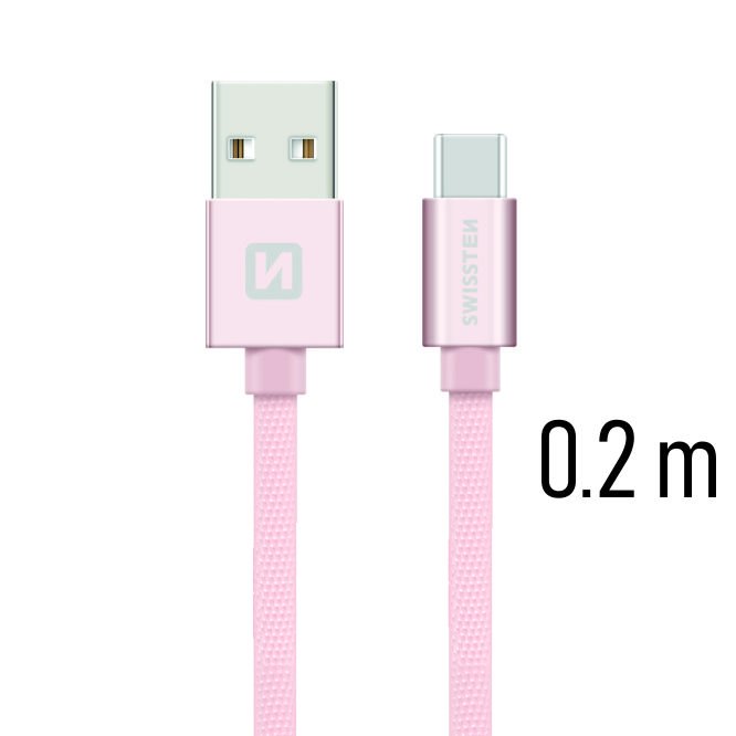 Datový kabel Swissten textilní s USB-C konektorem a podporou rychlonabíjení, Rose Gold