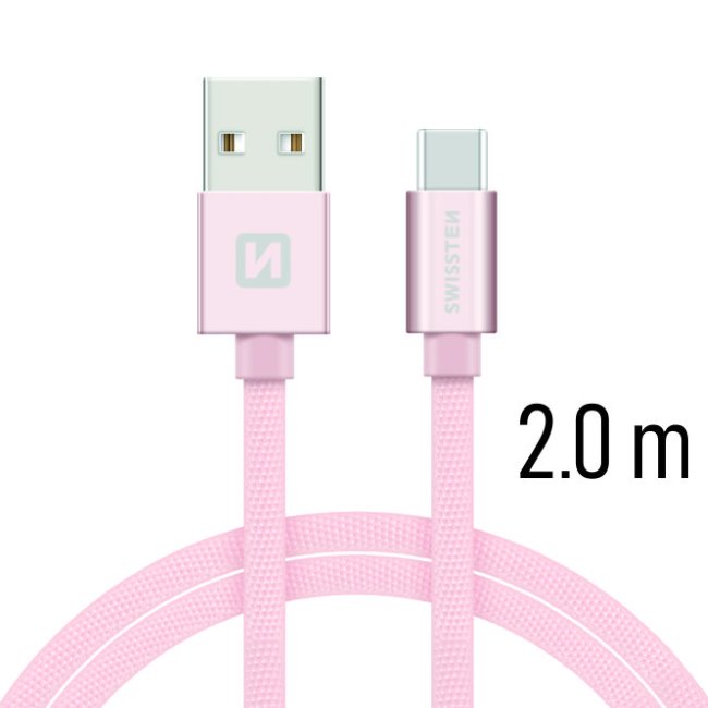 Datový kabel Swissten textilní s USB-C konektorem a podporou rychlonabíjení, Rose Gold