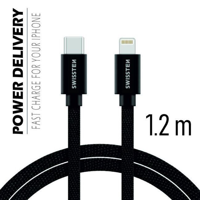 Datový kabel Swissten textilní s USB-C + Lightning konektory a podporou rychlonabíjení, Black