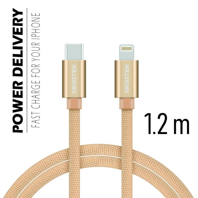 Datový kabel Swissten textilní s USB-C + Lightning konektory a podporou rychlonabíjení, Gold