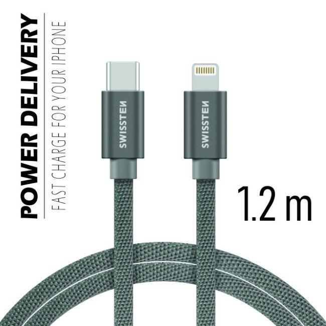 Datový kabel Swissten textilní s USB-C + Lightning konektory a podporou rychlonabíjení, Grey