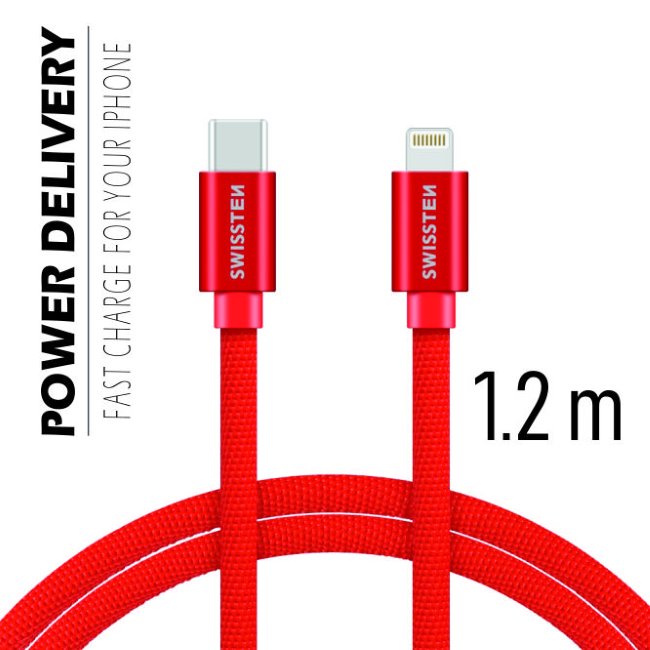 Datový kabel Swissten textilní s USB-C + Lightning konektory a podporou rychlonabíjení, Red