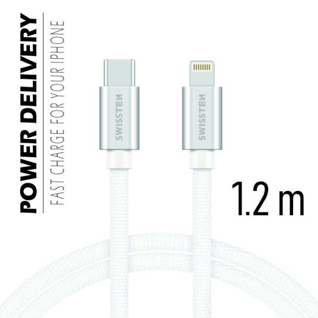 Datový kabel Swissten textilní s USB-C + Lightning konektory a podporou rychlonabíjení, Silver