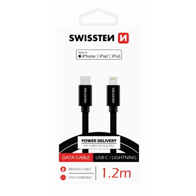 Datový kabel Swissten textilní USB-C/Lightning MFI 1,2 M as podporou rychlonabíjení, černý