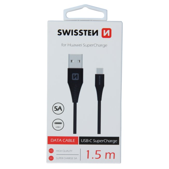 Datový kabel Swissten USB/USB-C 1,5 M as podporou super rychlonabíjení 5A černý Datový kabel Swissten USB/USB-C 1,5 M as podporou super rychlonabíjení 5A černý