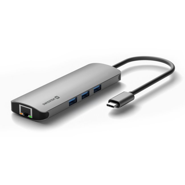 Hliníkový USB-C HUB Swissten 8-in-1 (USB-C PD, HDMI, LAN, 3x USB 3.0, SD, MicroSD)