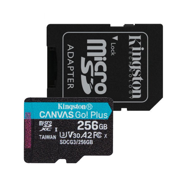 Kingston Canvas Go Plus Micro SDXC 256GB + SD adaptér, UHS-I U3 A2, Class 10 - rychlost 170/90 MB/s)