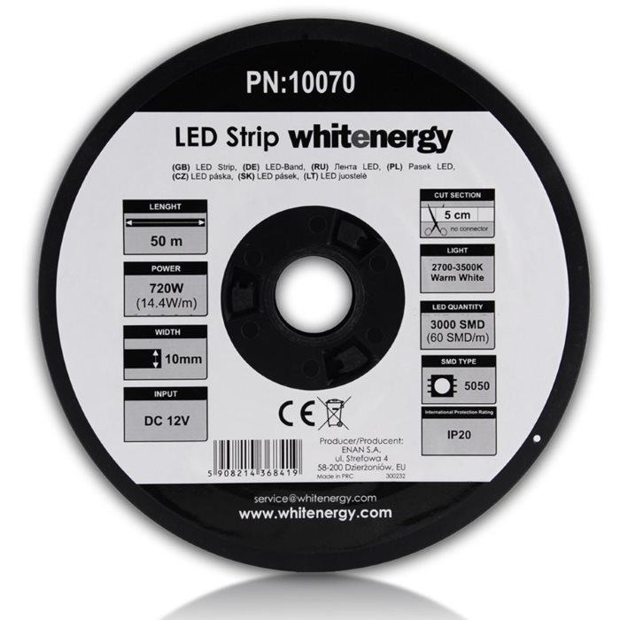 LED pas WhiteEnergy 50m SMD5050 14.4W/m 10mm, Teplá bílá