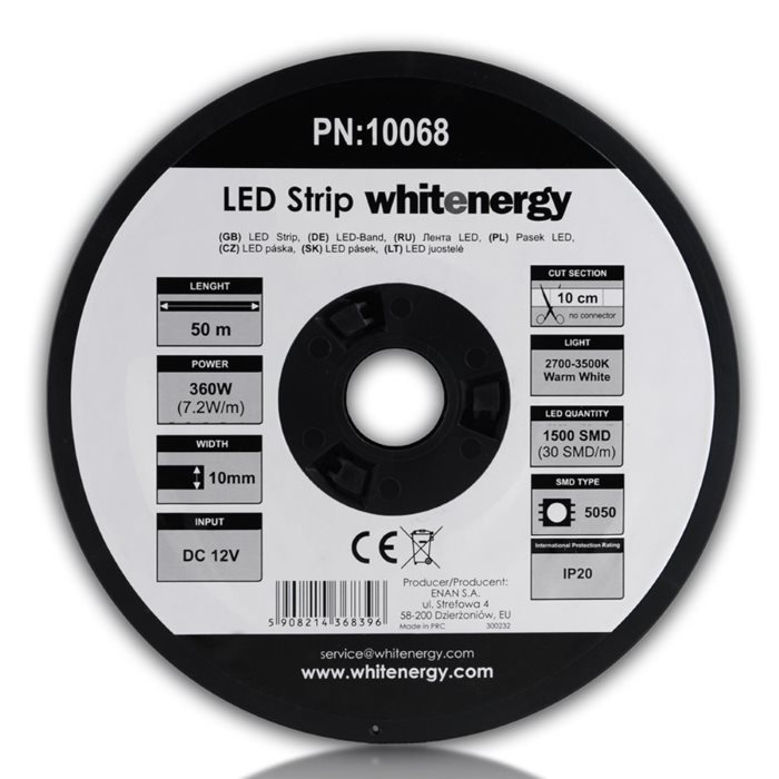 LED pas WhiteEnergy 50m SMD5050 7.2W/m 10mm, Teplá bílá