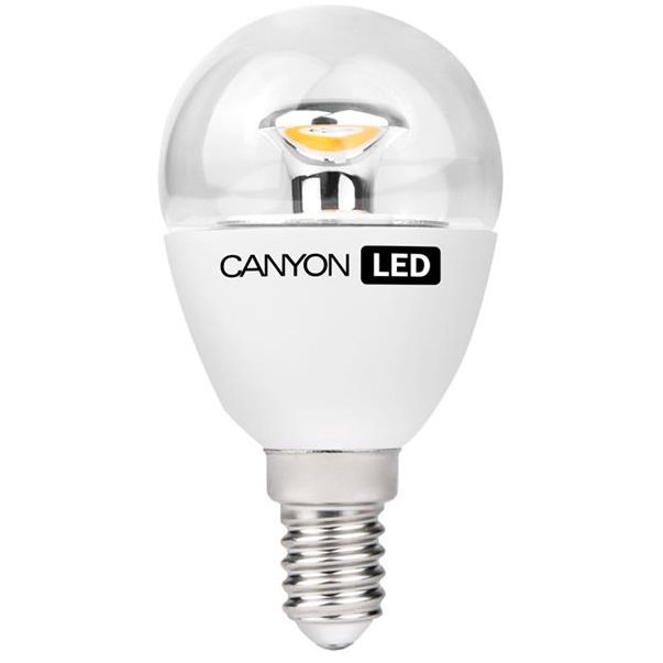 Led žárovka Canyon E14, kompakt kulatá průhledná, 6W-svítivost 470 lm, teplá bílá 2700K, CRI> 80
