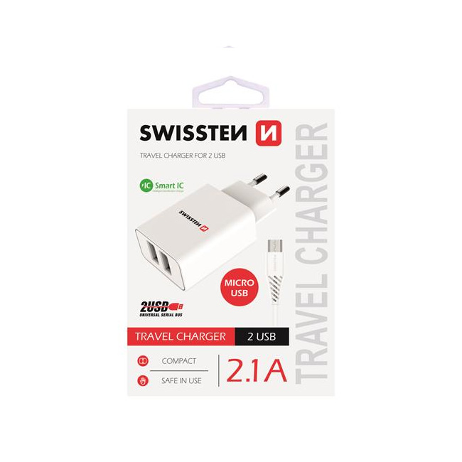 Nabíječka Swissten Smart IC 2.1A s 2 USB konektory a datovým kabelem USB/Micro USB, 1,2m, bílá Nabíječka Swissten Smart IC 2.1A s 2 USB konektory a datovým kabelem USB/Micro USB, 1,2m, bílá
