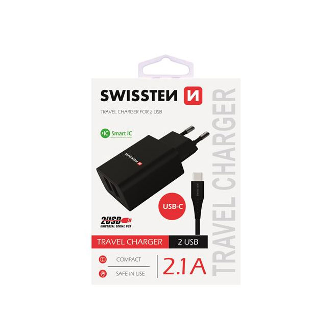 Nabíječka Swissten Smart IC 2.1A s 2 USB konektory a datovým kabelem USB/Typ C, 1,2m, černá