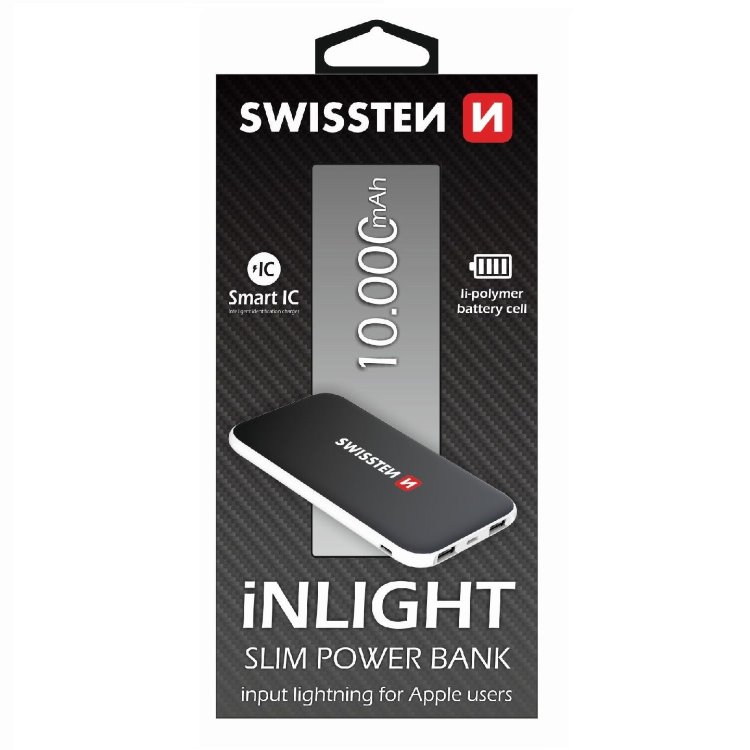 Powerbank Swissten Slim 10000 mAh s lightning vstupem pro nabíjení, černý