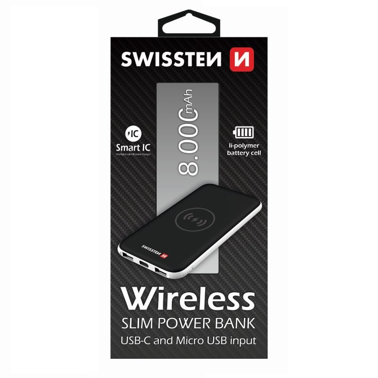 Powerbank Swissten Slim 8000 mAh s bezdrátovým nabíjením a USB-C vstupem, černý