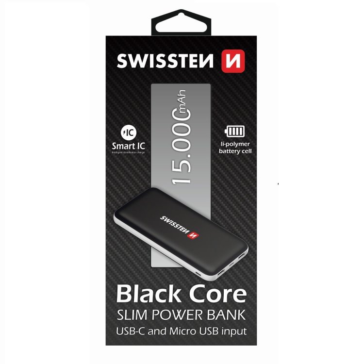 Powerbank Swissten Slim Black Core 15000 mAh s USB-C vstupem a inteligentním nabíjením, černý