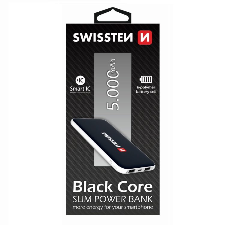 Powerbank Swissten Slim Black Core 5000 mAh s inteligentním nabíjením, černý