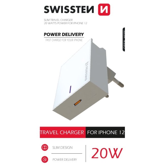 Rychlonabíječka Swissten Power Delivery 20W s 1x USB-C pro iPhone 12, bílá