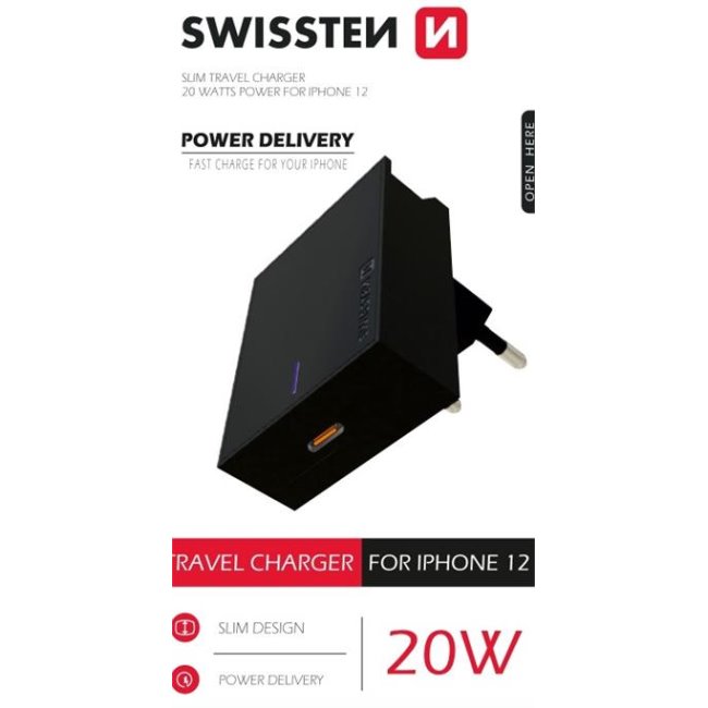 Rychlonabíječka Swissten Power Delivery 20W s 1x USB-C pre iPhone 12, černá