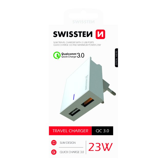 Rychlonabíječka Swissten Qualcomm Charger 3.0 s 2 USB konektory, 23W, bílá Rychlonabíječka Swissten Qualcomm Charger 3.0 s 2 USB konektory, 23W, bílá