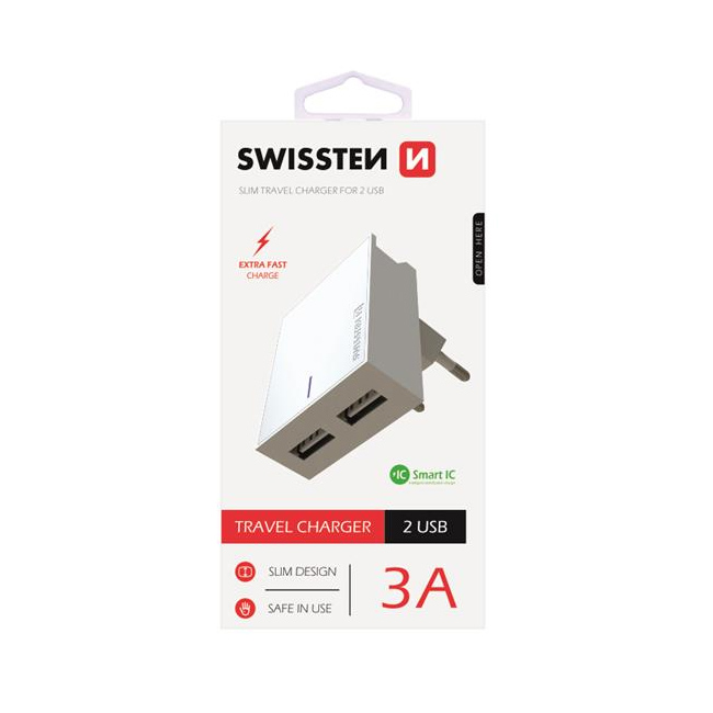 Rychlonabíječka Swissten Smart IC 3.A s 2 USB konektory, bílá Rychlonabíječka Swissten Smart IC 3.A s 2 USB konektory, bílá