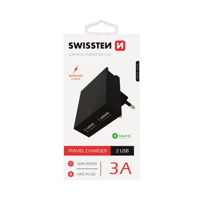 Rychlonabíječka Swissten Smart IC 3.A s 2 USB konektory, černá