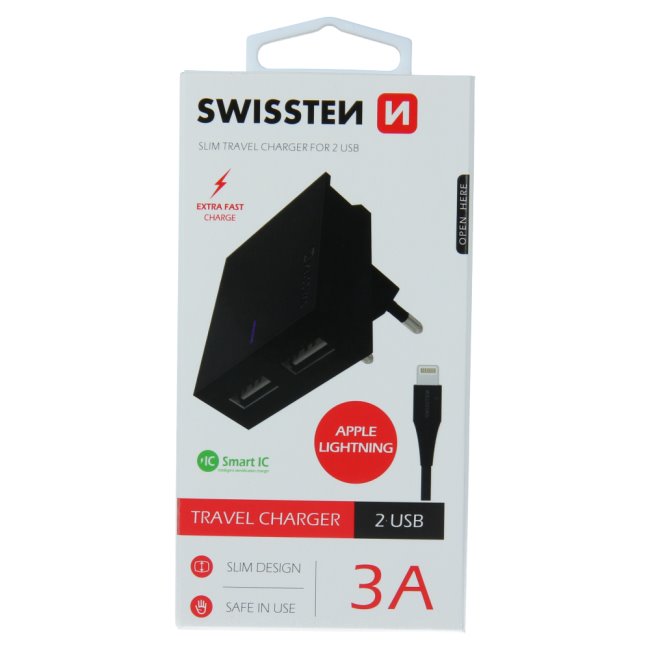 Rychlonabíječka Swissten Smart IC 3.A s 2 USB konektory + datový kabel USB/Lightning 1,2 m, černá