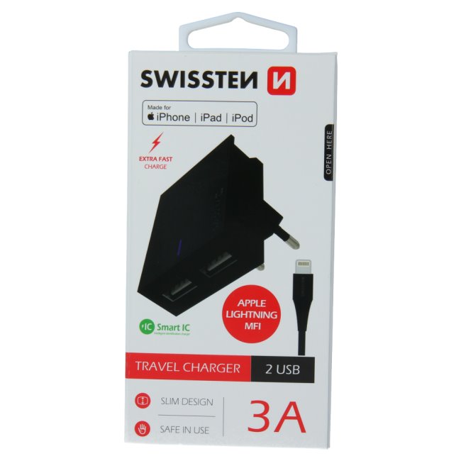 Rychlonabíječka Swissten Smart IC 3.A s 2 USB konektory + datový kabel USB/Lightning MFI 1,2 m, černá