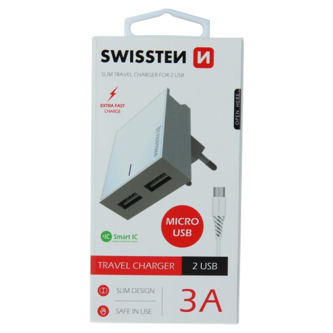 Rychlonabíječka Swissten Smart IC 3.A s 2 USB konektory + datový kabel USB/Micro USB 1,2 m, bílá