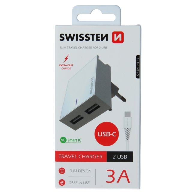 Rychlonabíječka Swissten Smart IC 3.A s 2 USB konektory + datový kabel USB/USB-C 1,2 m, bílá