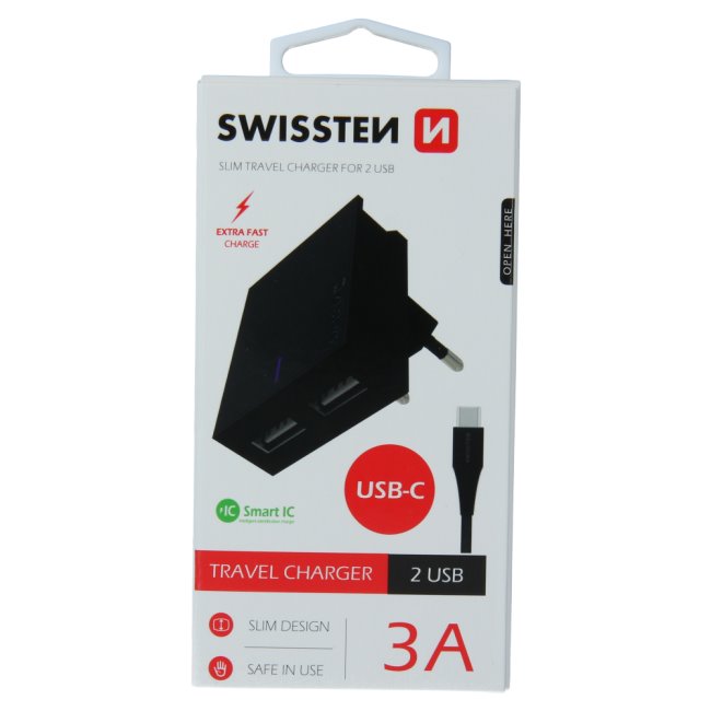 Rychlonabíječka Swissten Smart IC 3.A s 2 USB konektory + datový kabel USB/USB-C 1,2 m, černá