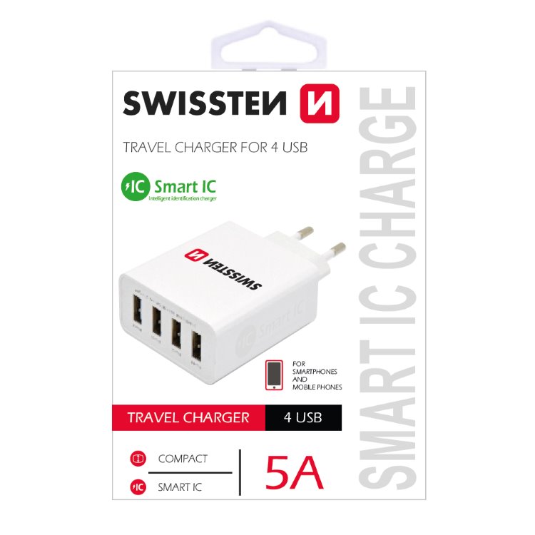 Rychlonabíječka Swissten Smart IC 5A se 4 USB konektory, bílá