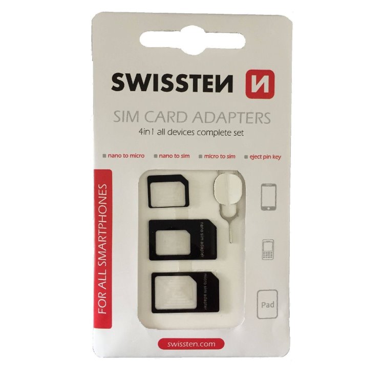 Sada SIM adaptérů + jehla Swissten, 4v1 Sada SIM adaptérů + jehla Swissten, 4v1