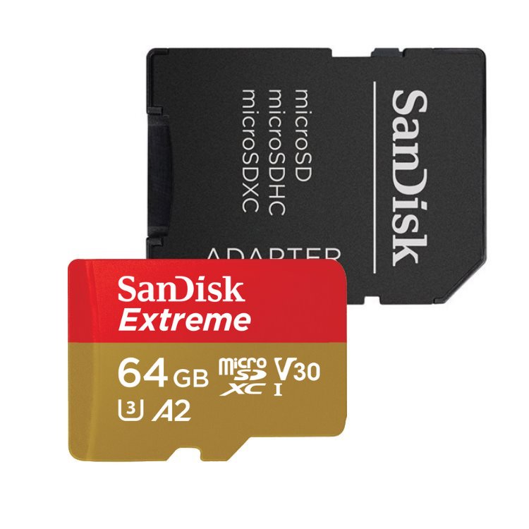 SanDisk Micro SDXC Extreme 64GB + SD adaptér, UHS-I U3 A2, Class 10-rychlost 160/60 MB/s (SDSQXA2-064G-GN6AA)