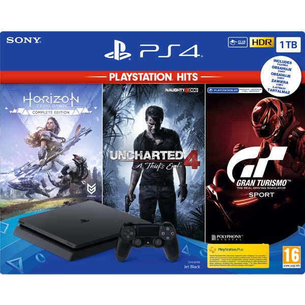 Sony PlayStation 4 Slim 1TB, jet black + Gran Turismo Sport CZ + Uncharted 4: A Thief 's End CZ + Horizon: Zero Dawn