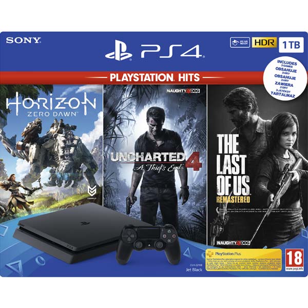 Sony PlayStation 4 Slim 1TB, jet black + The Last of Us CZ + Uncharted 4: A Thief 's End CZ + Horizon: Zero Dawn