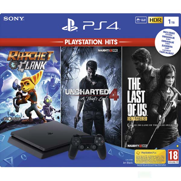 Sony PlayStation 4 Slim 1TB, jet black + The Last of Us: Remastered CZ + Uncharted 4: A Thief 's End CZ + Ratchet & Clank