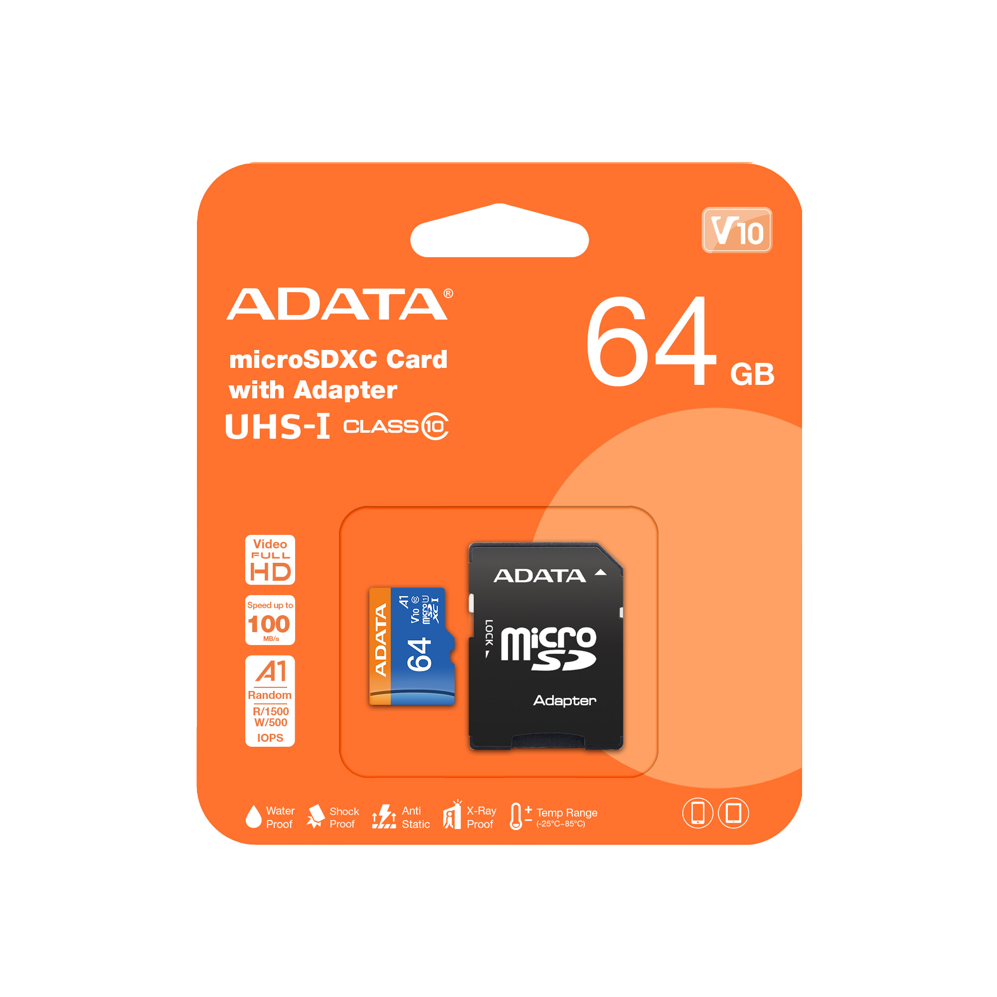 ADATA Micro SDXC Premier 64GB + SD adaptér, UHS-I A1, Class 10 - rychlost 85 MB/s (AUSDX64GUICL10A1-RA1)