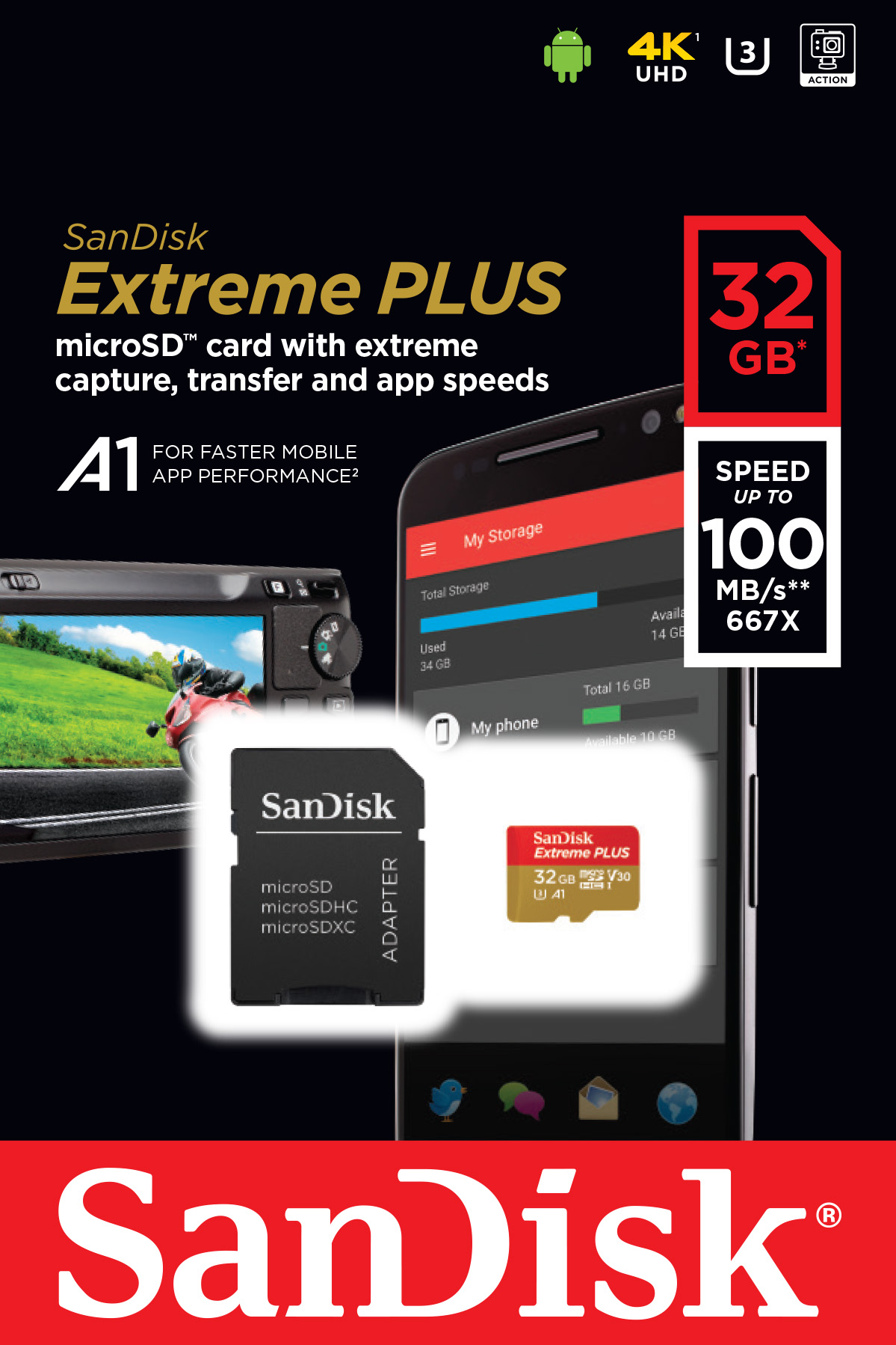 SanDisk Micro SDHC Extreme PLUS 32GB + SD adaptér, UHS-I U3 A1, Class 10-rychlost 95/90 MB/s (SDSQXBG-032G-GN6MA)