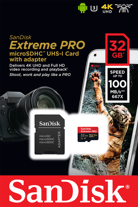 SanDisk Micro SDHC Extreme PRO 32GB + SD adaptér, UHS-I U3, Class 10-rychlost 100/90 MB/s (SDSQXCG-032G-GN6MA)