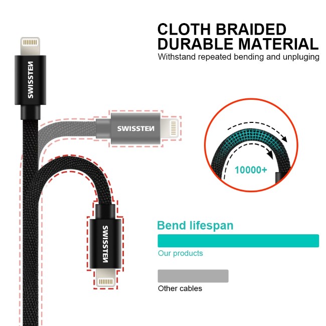 Datový kabel Swissten textilní s certifikací MFI, Lightning konektorem a podporou rychlonabíjení, Black