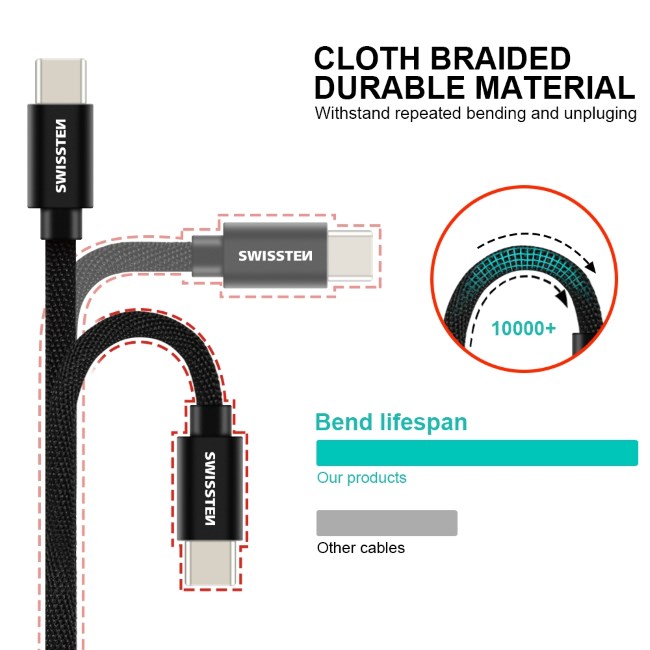 Datový kabel Swissten textilní s USB-C konektorem a podporou rychlonabíjení, Black