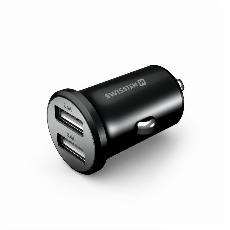 Autonabíječka Swissten kovová 4.8A s 2 USB sloty, Black Autonabíječka Swissten kovová 4.8A s 2 USB sloty, Black