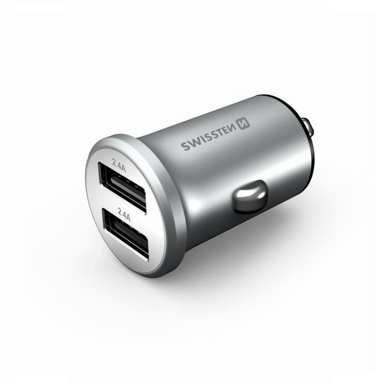 Autonabíječka Swissten kovová 4.8A s 2 USB sloty, Silver Autonabíječka Swissten kovová 4.8A s 2 USB sloty, Silver