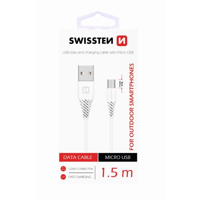 Datový kabel Swissten s prodlouženým Micro-USB konektorem pro odolné telefony, bílý