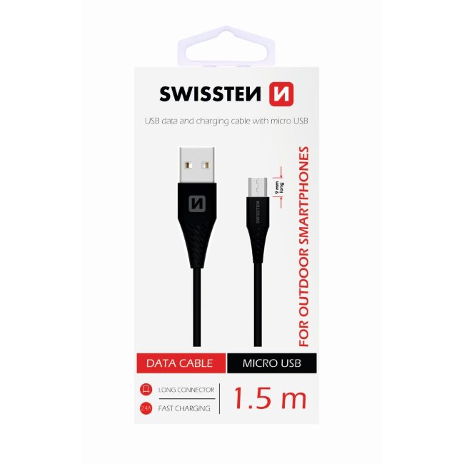 Datový kabel Swissten s prodlouženým Micro-USB konektorem pro odolné telefony, černý