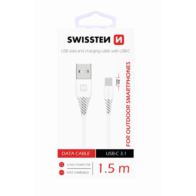 Datový kabel Swissten s prodlouženým USB-C konektorem pro odolné telefony, bílý