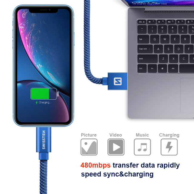 Datový kabel Swissten textilní s Lightning konektorem a podporou rychlonabíjení, Blue