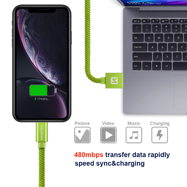 Datový kabel Swissten textilní s Lightning konektorem a podporou rychlonabíjení, Green